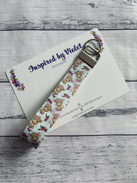 Faux Leather Key Fob/Wristlet - Blue Highland Cows