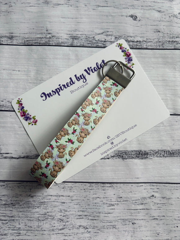 Faux Leather Key Fob/Wristlet - Green Highland Cows