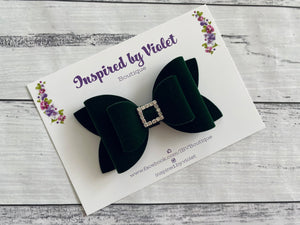 4" Sophia bow - Deep Green Velvet Bling - on clip