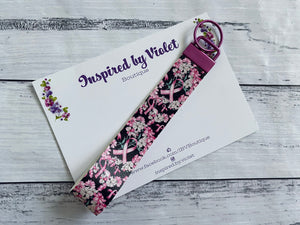 Faux Leather Key Fob/Wristlet - Breast Cancer Black Floral