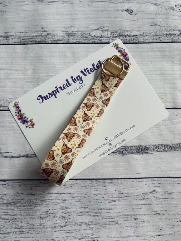 Faux Leather Key Fob/Wristlet - Cream Highland Cows