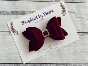 4" Sophia bow - Deep Red Velvet Bling - on clip