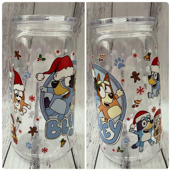 16oz plastic cup - Christmas Blue Puppy