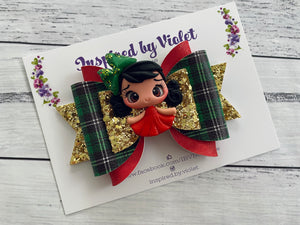 4.5" Violet bow - Xmas Clay Girl on Green Tartan - on clip