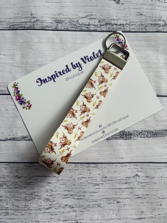 Faux Leather Key Fob/Wristlet - Highland Cow Butterflies