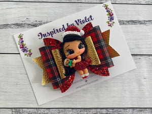 4.5" Violet bow - Xmas Clay Girl on Tartan - on clip