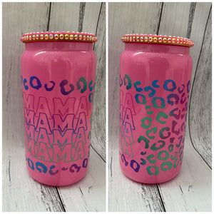 16oz Glass cup - Glitter Leopard Mama (rhinestone lid)