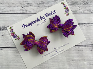 2.5" Violet pigtail set - Purple & Gold Glitter Pattern