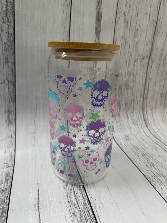 16oz Glass cup - Pastel Rainbow Skulls