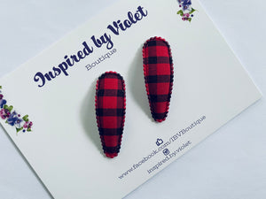 5cm Fabric Floral snap clip set of 2 - Red Plaid