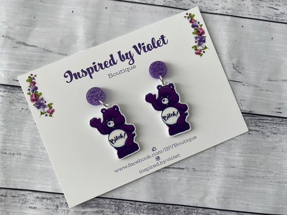 Dangle Earrings - Swear Bear Purple