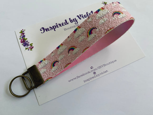 Faux Leather Key Fob/Wristlet - Doubled Sided Rainbow Glitter